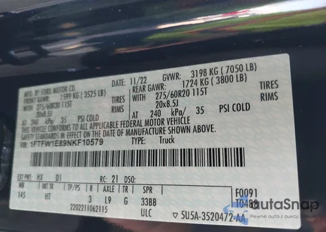 2022 Ford F-150 Lariat z USA, uszkodzony, nr VIN 1FTFW1E89NKF10579